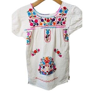 Toddler Mexican Traditional Embroidered Beige Peasant Dress Cotton Dress Size 1